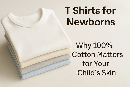 Stack of soft 100% cotton t shirts for newborns in pastel colors, highlighting comfort and skin-friendly fabric for babies.