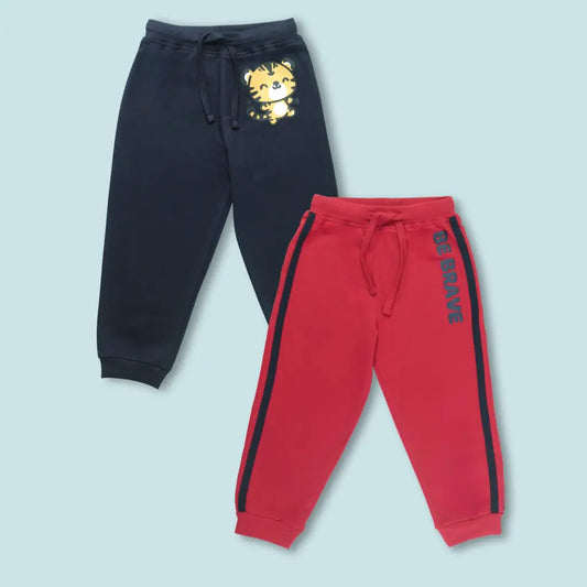Boys Cotton Joggers with Animal Print & Tape Detailing (Set of 2) – Navy Blue, Red | Littleseeds™ Kidswear