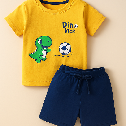 Boys Yellow Cotton Interlock Half Sleeve T-Shirt & Shorts Set – Dinosaur Design
