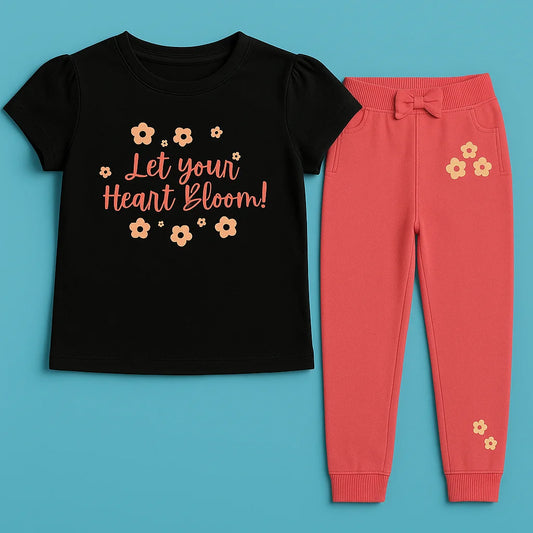 Girls Black & Light Pink Cotton Interlock Puff Sleeve T-Shirt & Pant Set – Floral Design