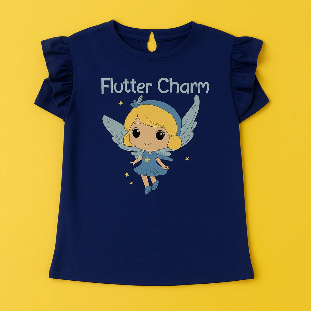 Girls Navy Blue & Light Blue Cotton Interlock Ruffle Sleeve T-Shirt & Pant Set – Fairy Design