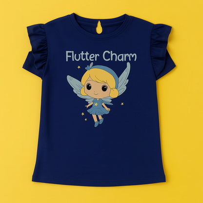 Girls Navy Blue & Light Blue Cotton Interlock Ruffle Sleeve T-Shirt & Pant Set – Fairy Design