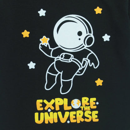 Close-up detail of astronaut print on black cotton T-shirt for baby boys – part of two-pack clothing set from Littleseeds™