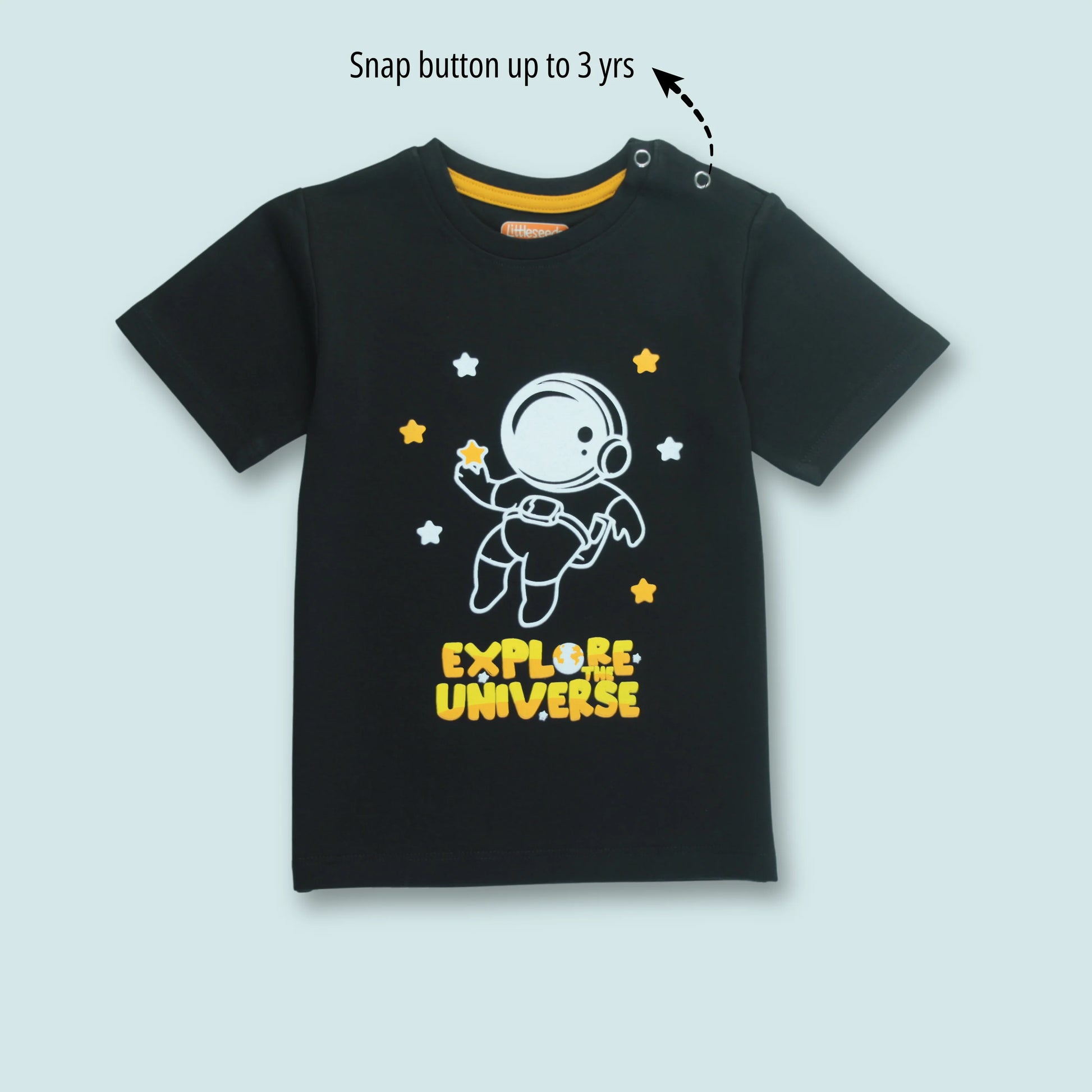Trendy black cotton half sleeve T-shirt for baby boys with astronaut print – front view from Littleseeds™