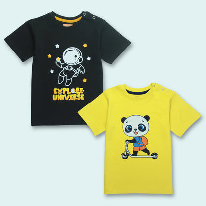 Set of 2 baby clothes for boys featuring yellow panda print and black astronaut print cotton half sleeve T-shirts from Littleseeds™ Kidswear
