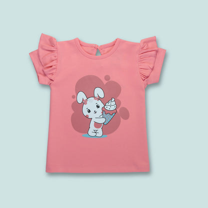 Front view of pink cotton half sleeve T-shirt with rabbit print – soft and premium baby clothes for girls from Littleseeds.