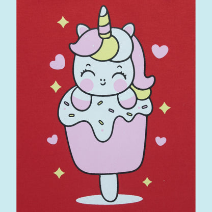 Close-up view of unicorn placement print on red cotton T-shirt – cute and playful baby clothes for girls.