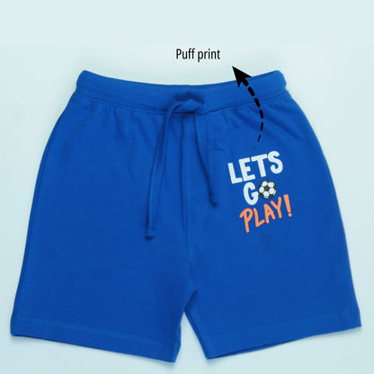 Soft cotton boys shorts in royal blue with bold text print, stylish everyday wear from the best brands for kidswear – Littleseeds™