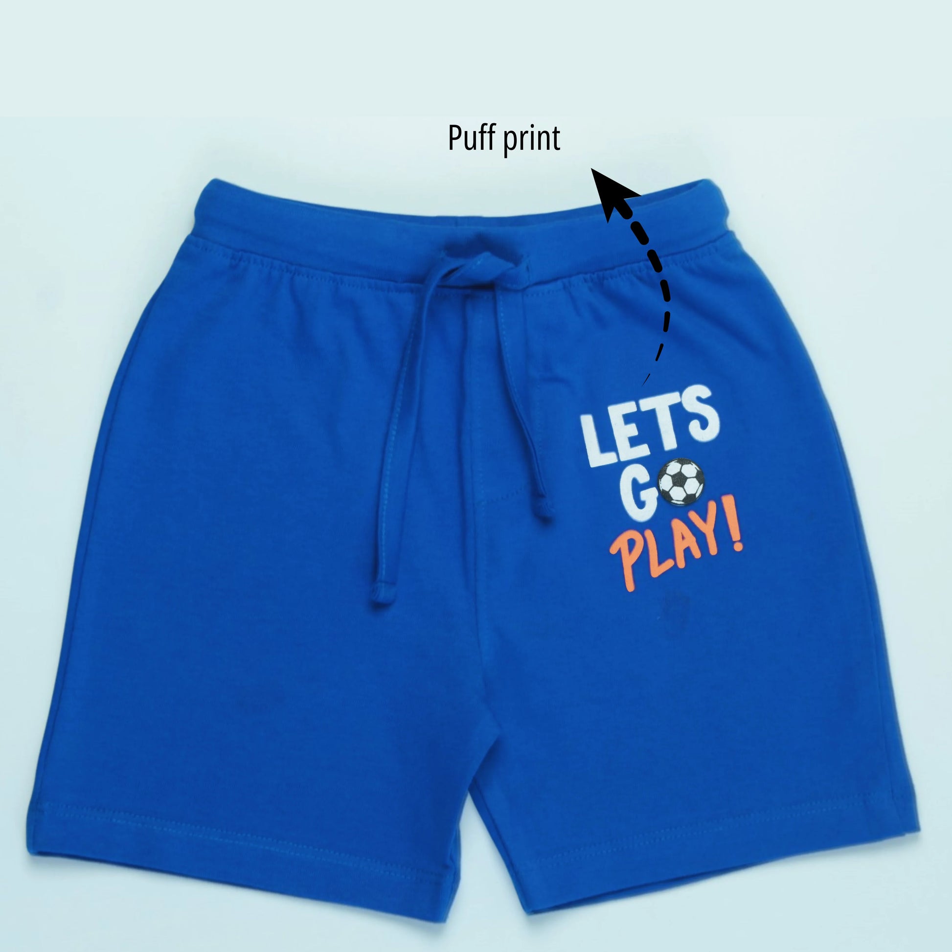 Boys' clothing – Front view of cotton shorts with text print in royal blue from Littleseeds™ Kidswear.