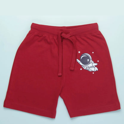 Comfortable boys' clothing cotton shorts in red with astronaut placement print, ideal for casual wear – Littleseeds™