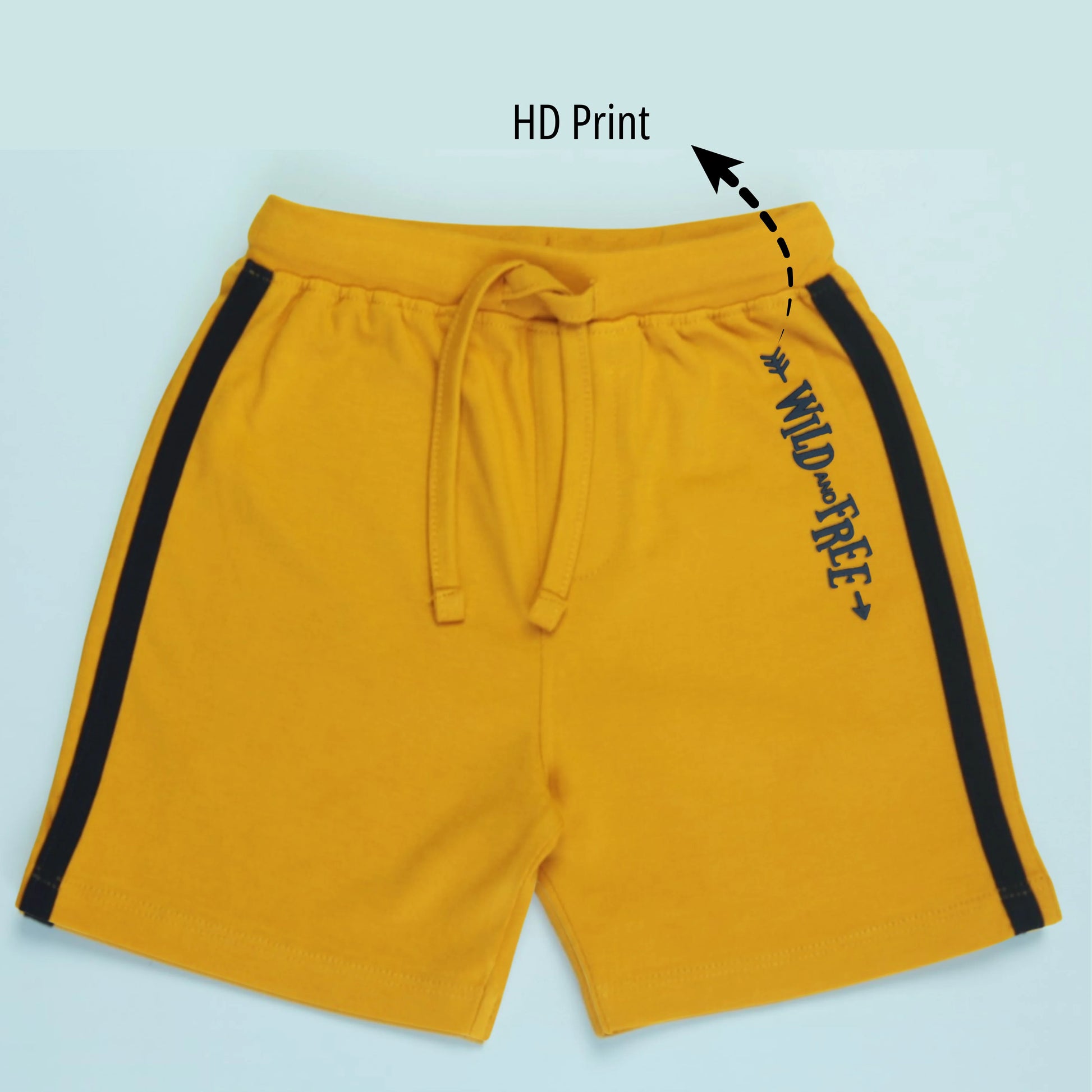 Front view of yellow boys' cotton shorts with tape detailing – comfortable and stylish boys' clothing from Littleseeds™ Kidswear.