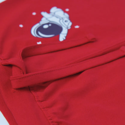 Boys' clothing – side view of soft cotton red shorts featuring astronaut design for toddlers