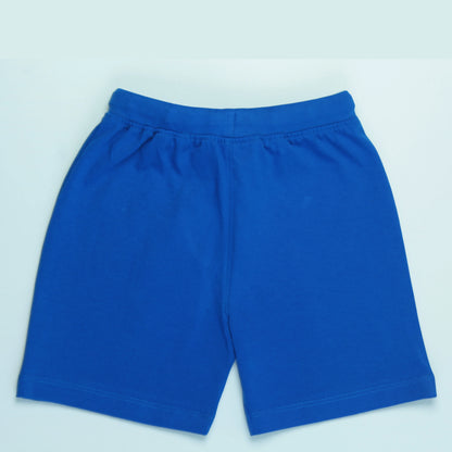 Boys' clothing – Back view of soft cotton shorts in royal blue with stylish text print from Littleseeds™ Kidswear.