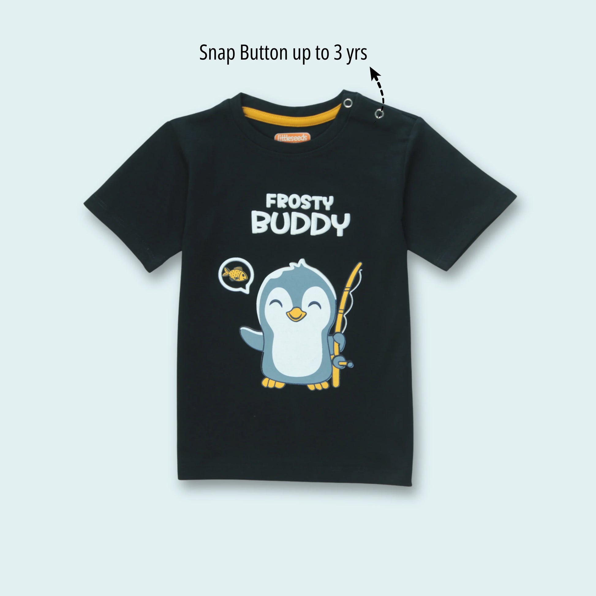 Soft cotton childrens T-shirt with playful penguin print – front view in black half sleeve design from Littleseeds™
