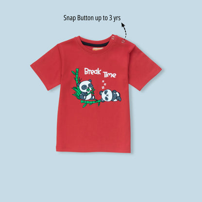 Soft cotton half sleeve childrens t shirt with adorable panda print in red – front view ideal for infants daily wear