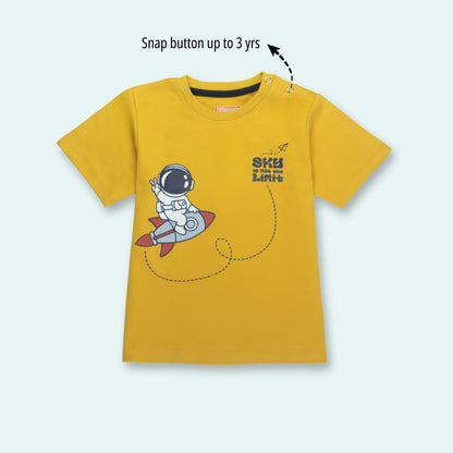 Soft cotton half sleeve boys T-shirt in golden with astronaut print – front view – premium clothing for infant by Littleseeds™.