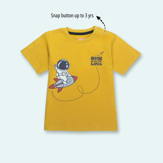 Soft cotton half sleeve boys T-shirt in golden with astronaut print – front view – premium clothing for infant by Littleseeds™.