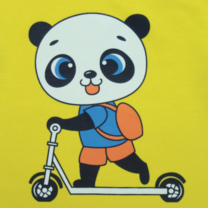 "Close-up detail of adorable panda placement print on boys cotton yellow T-shirt – premium quality clothing for infant.
