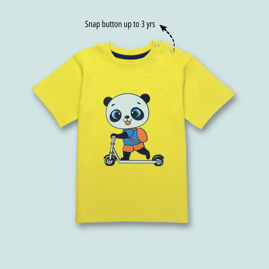 Front view of boys cotton half sleeve yellow T-shirt with cute panda print – soft and comfy clothing for infant from Littleseeds™ Kidswear.