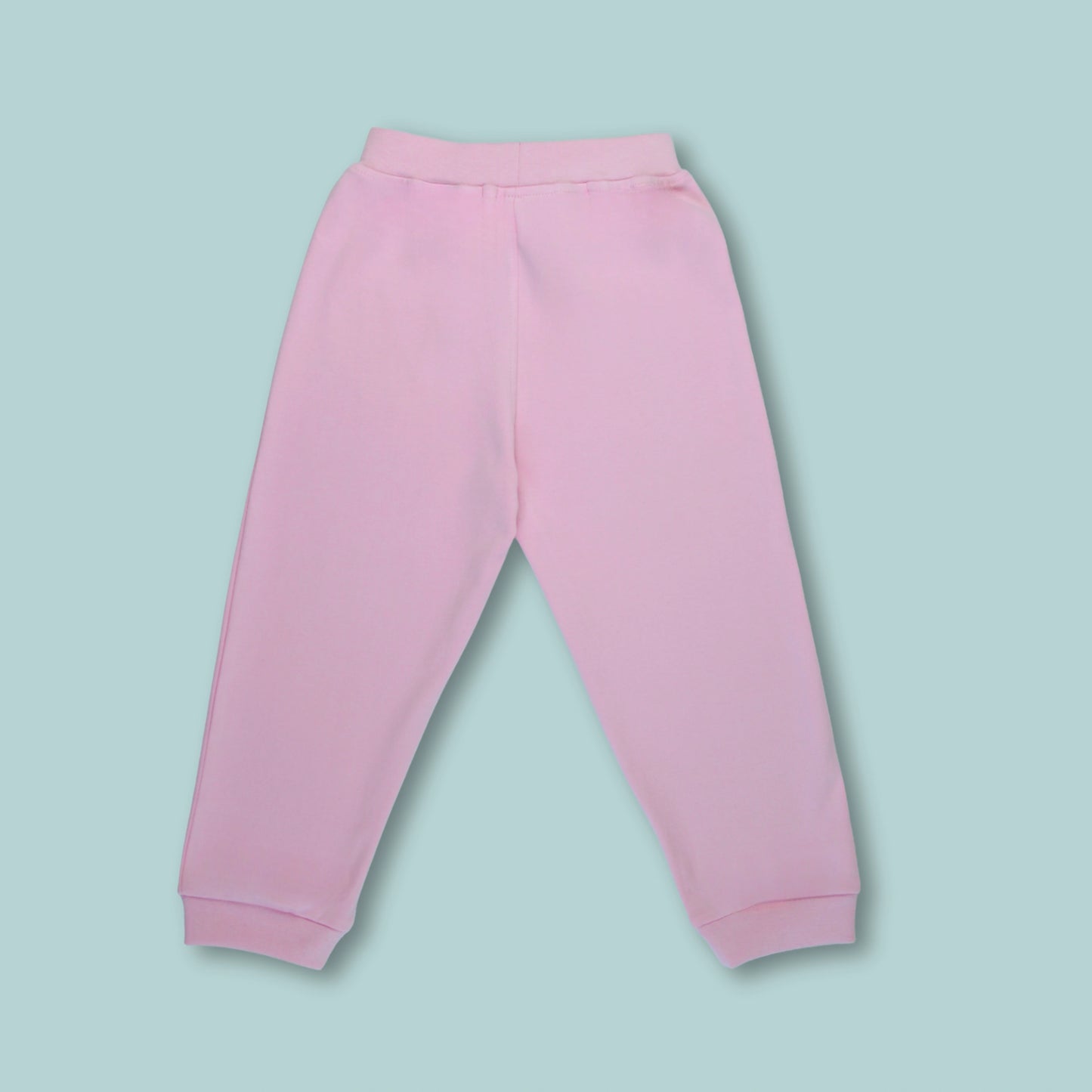 Back view of girls cotton joggers in pink with text print – comfortable and stylish clothing for infant
