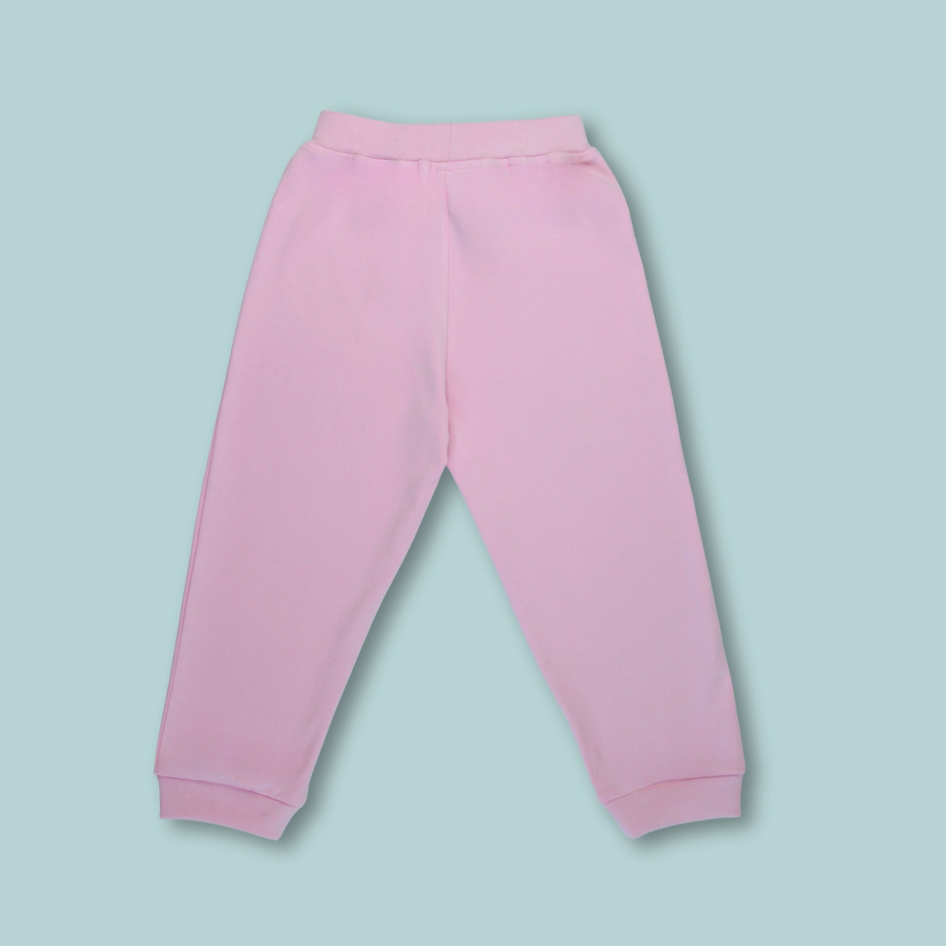 Back view of girls cotton joggers in pink with text print – comfortable and stylish clothing for infant