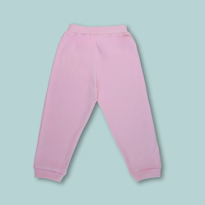 Back view of girls cotton joggers in pink with text print – comfortable and stylish clothing for infant