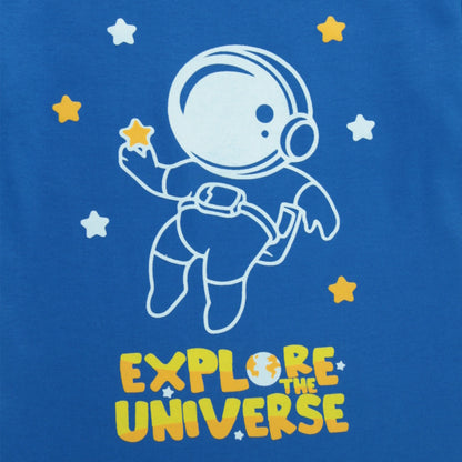 Close-up of astronaut print on boys cotton T-shirt under ₹500 – soft, durable fabric in royal blue from Littleseeds™.