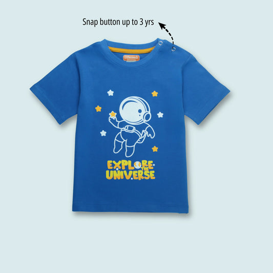 Affordable boys cotton half sleeve T-shirt with astronaut print in royal blue under ₹500 – Littleseeds™ Kidswear front view.