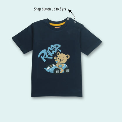 Affordable boys cotton half sleeve T-shirt under 500 with cute bear print in navy blue – front view from Littleseeds™ Kidswear