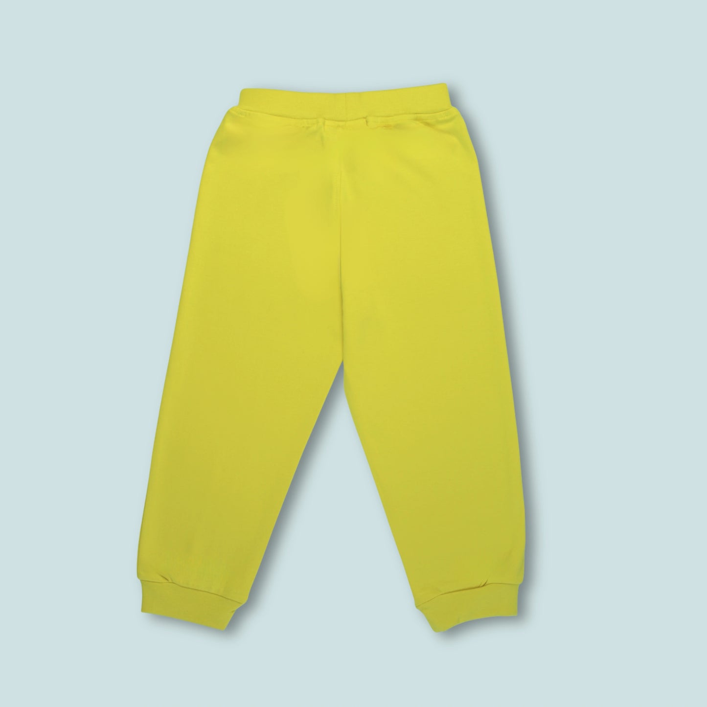 Back view of yellow cotton joggers with flamingo print – comfortable and trendy girlish outfits for kids by Littleseeds™.