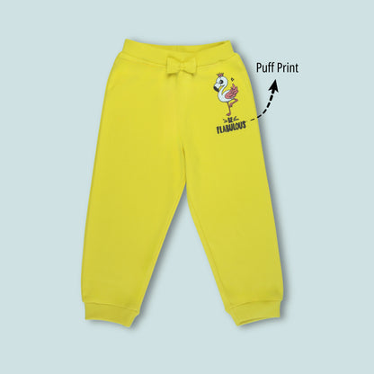 Front view of girls cotton joggers with cute flamingo print in yellow – stylish girlish outfits from Littleseeds™ Kidswear.
