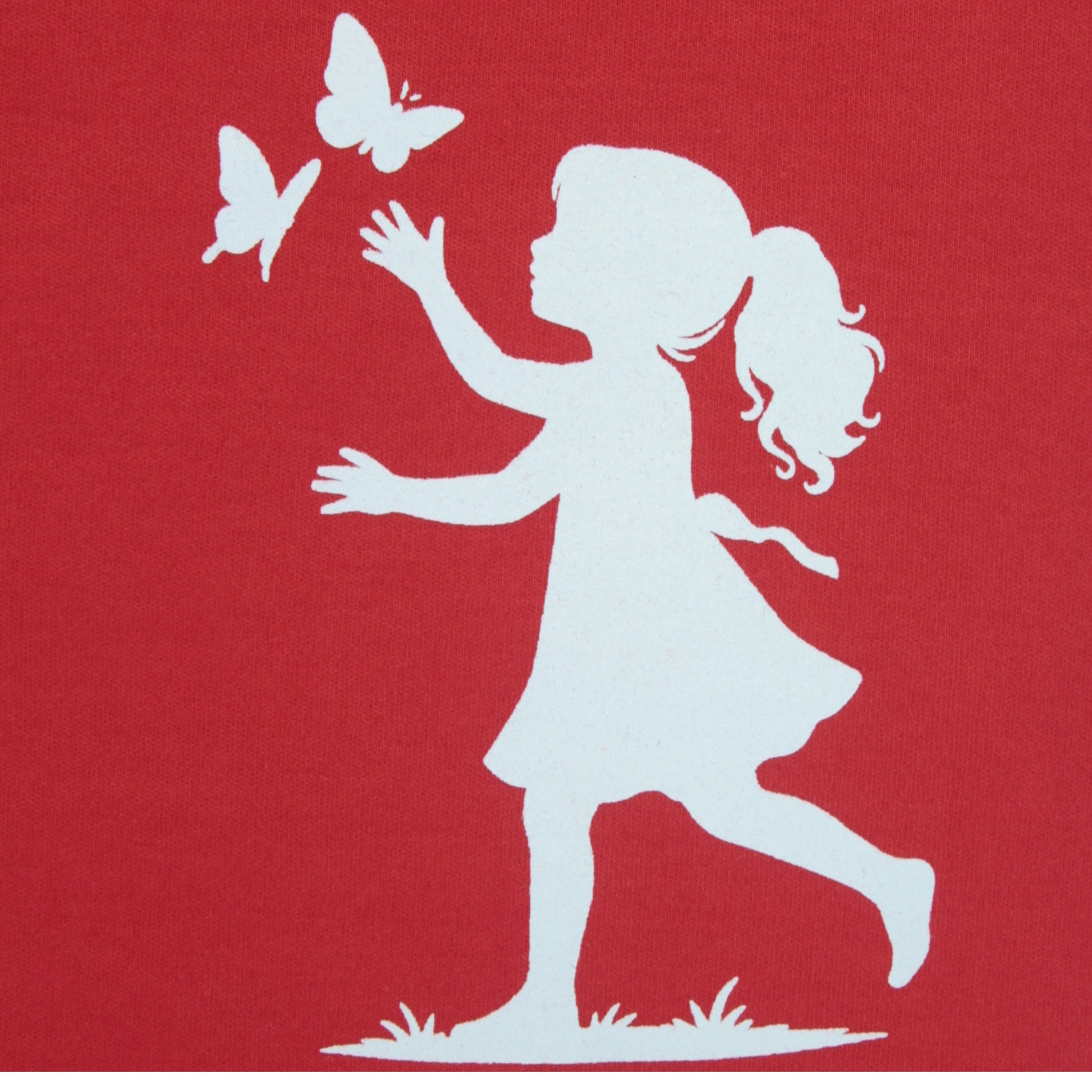 Close-up of girl baby print on red cotton joggers – soft and trendy girlish outfits for toddlers and kids