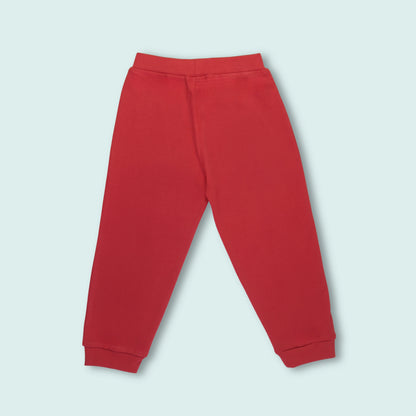Back view of red girls cotton joggers with cute baby print – stylish girlish outfits for kids by Littleseeds
