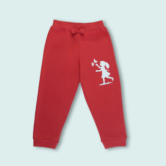 Front view of girls cotton joggers with girl baby print in red – perfect girlish outfits from Littleseeds Kidswear