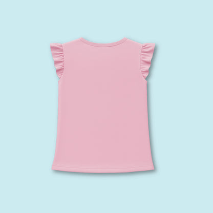 Back view of pink frill sleeve cotton T-shirt for girls — soft, comfortable girlish outfit perfect for everyday fashion