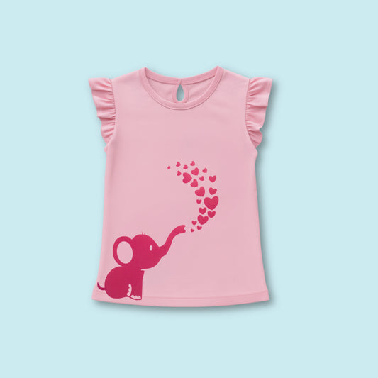 Front view of a pink girls’ cotton frill sleeve T-shirt with cute elephant print — stylish girlish outfit for casual wear by Littleseeds