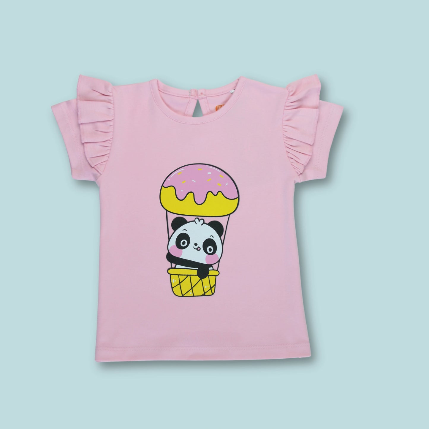 Front view of pink cotton half sleeve T-shirt with panda print – cute and breathable girlish outfits perfect for bedtime.