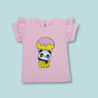 Front view of pink cotton half sleeve T-shirt with panda print – cute and breathable girlish outfits perfect for bedtime.