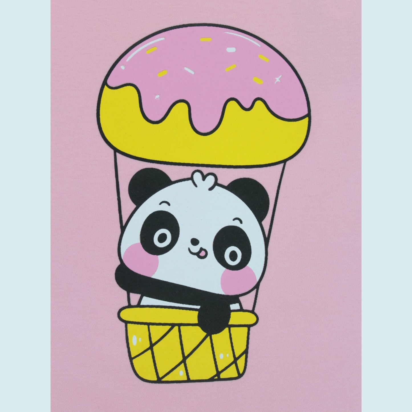 Close-up of panda print on pink cotton night suit T-shirt – adorable design for girlish outfits with playful details.