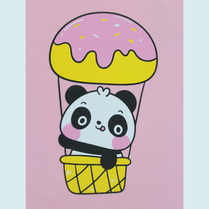 Close-up of panda print on pink cotton night suit T-shirt – adorable design for girlish outfits with playful details.