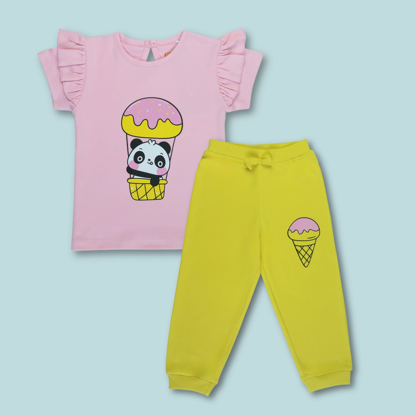 Full combo view of girls cotton half sleeve panda night suit set in pink and yellow – stylish and comfy girlish outfits from Littleseeds.