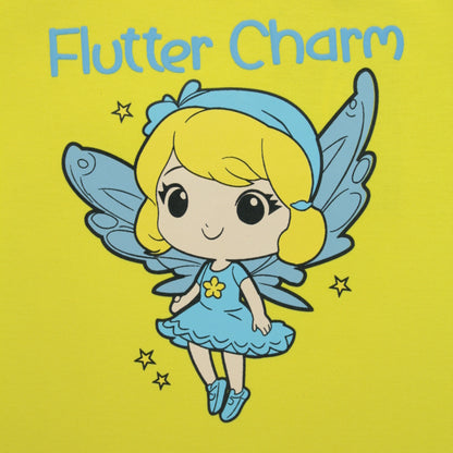 Close-up detail of fairy placement print on yellow cotton T-shirt – premium quality girlish outfits with fun design.