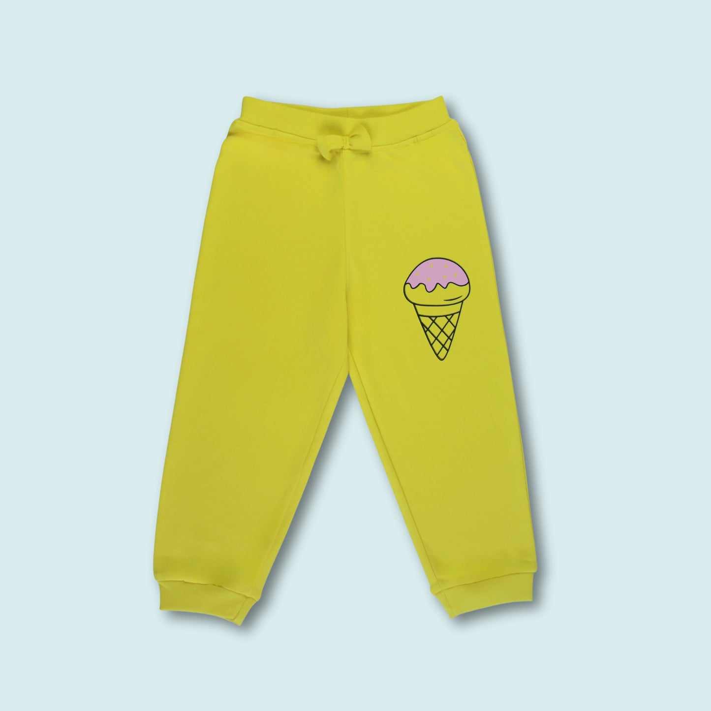 Front view of yellow ankle-length jogger pants from panda night suit – cozy and stylish girlish outfits for kids.