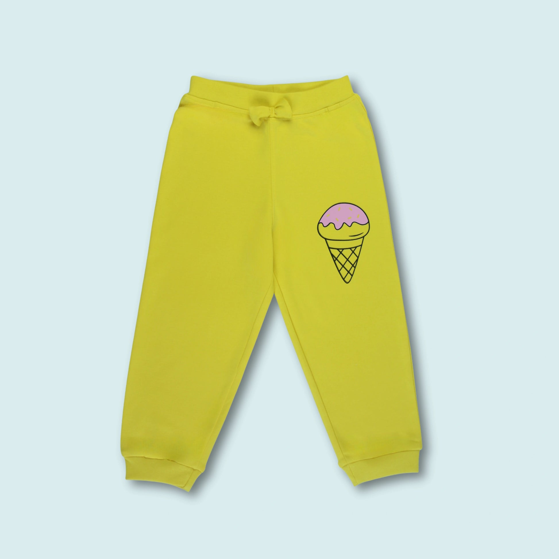 Front view of yellow ankle-length jogger pants from panda night suit – cozy and stylish girlish outfits for kids.