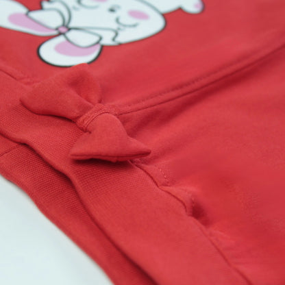 Detailed shot showing fabric texture, elastic waistband, and stitching quality of red girls joggers with rabbit print by Littleseeds.