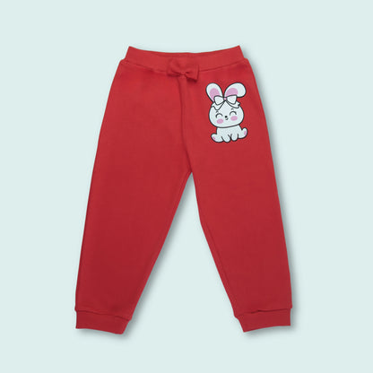 Front view of girls joggers with cute rabbit print in red cotton from Littleseeds Kidswear — soft, comfortable, everyday wear bottoms.