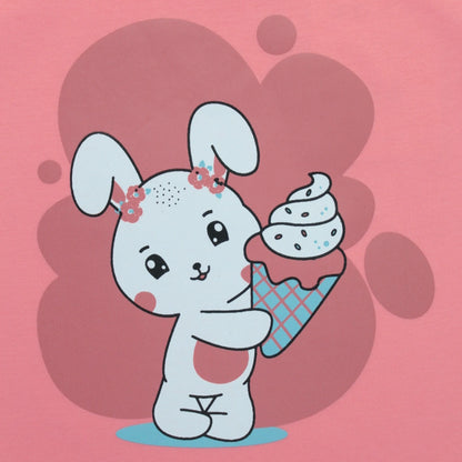 Close-up of playful rabbit placement print on pink T-shirt – stylish and fun kiddies wears for toddlers and kids.