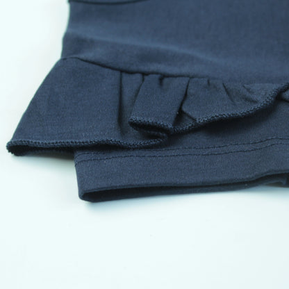 Detailed view of fabric and stitching on navy floral T-shirt – soft and premium cotton ladki dress for girls.