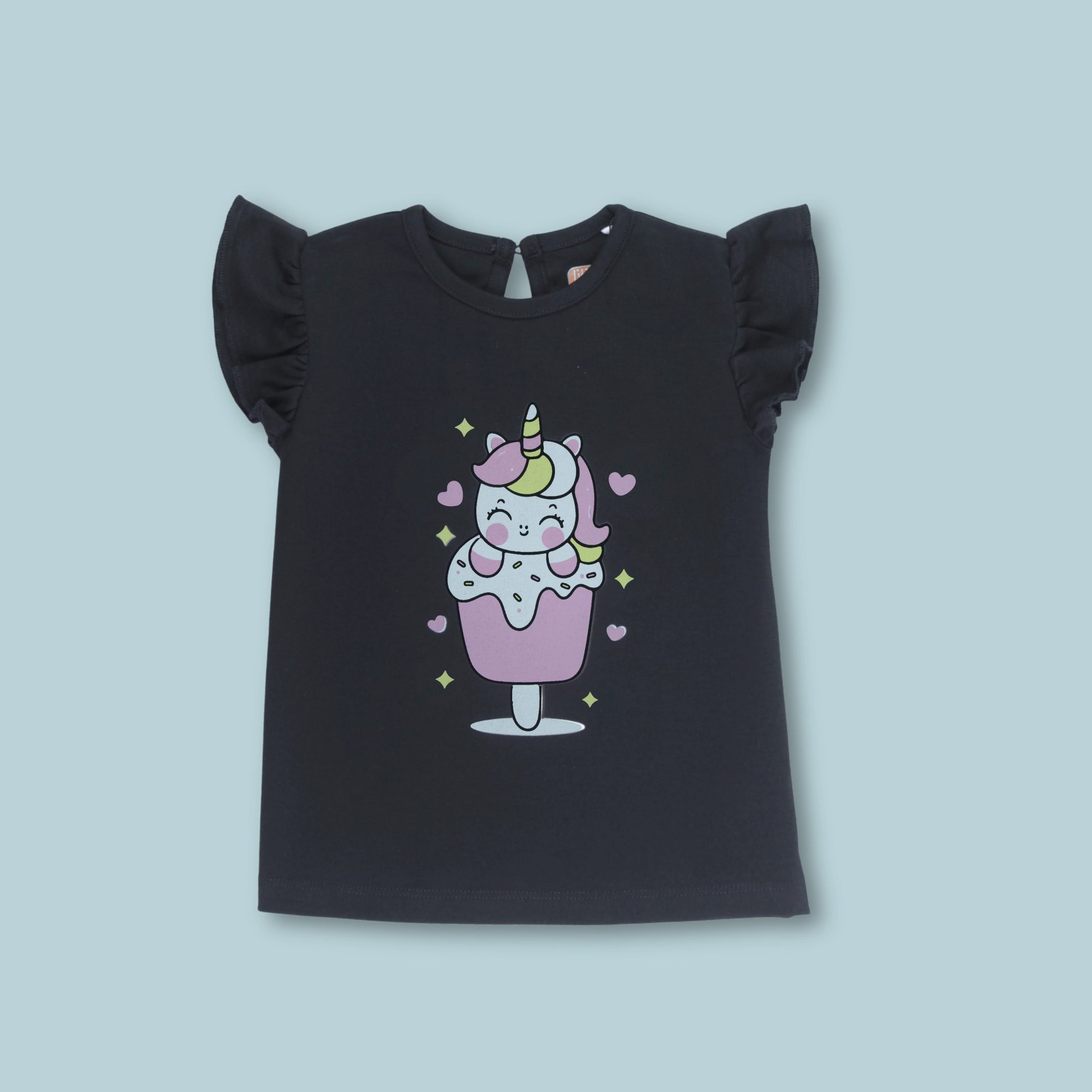 Front view of black cotton puff sleeve T-shirt with unicorn print – part of latest girlish dresses nightwear set by Littleseeds.
