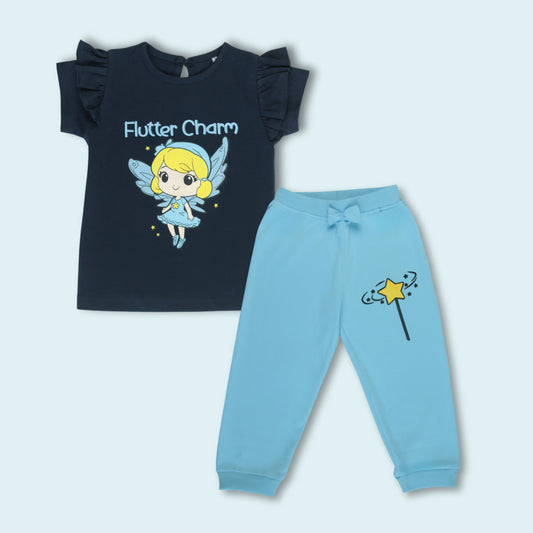 Full view of girls cotton half sleeve fairy print night suit set – navy T-shirt and light blue pants, part of the latest girlish dresses collection.